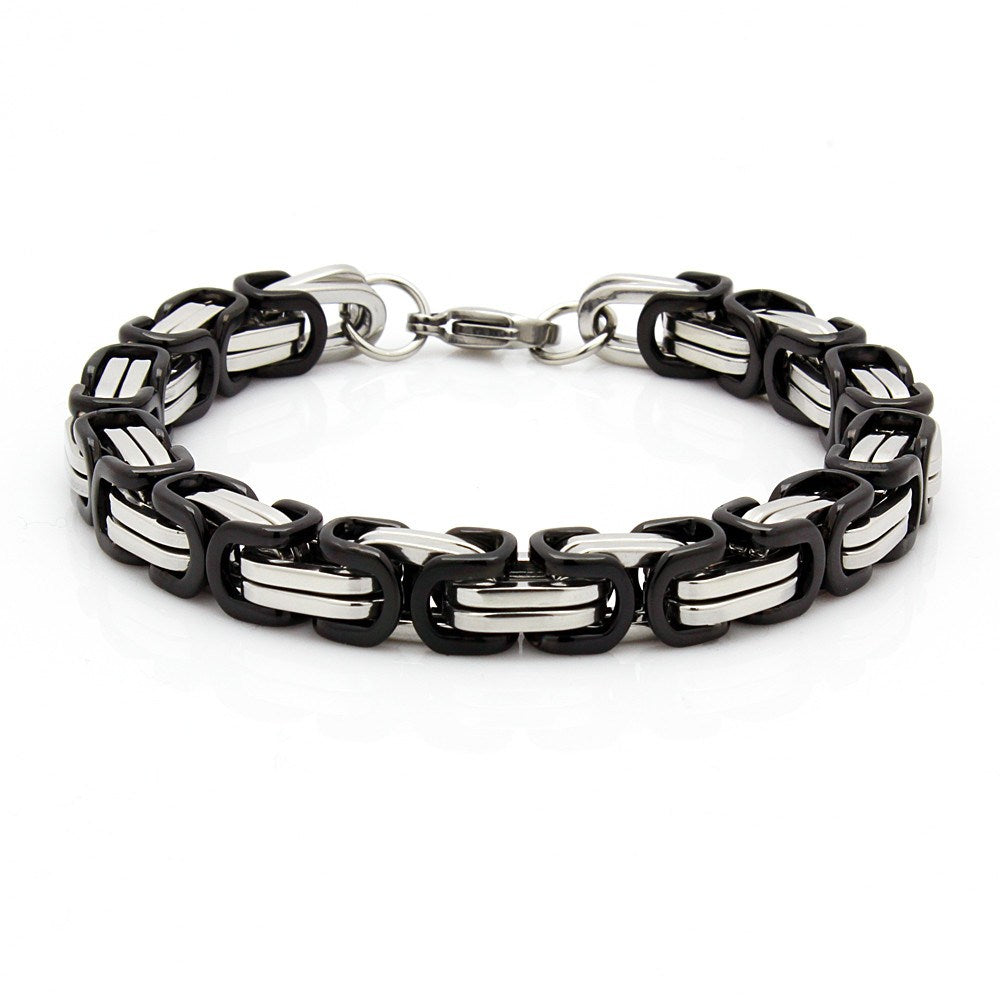 Mens 8.5" Stainless Steel Black Silver Box Byzantine Chain Link Bracelet , Bracelet, SpicyIce - 1