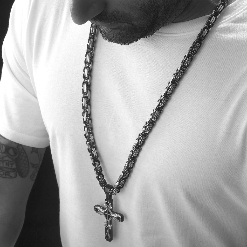 Necklace - Black Silver Tribal Cross Pendant