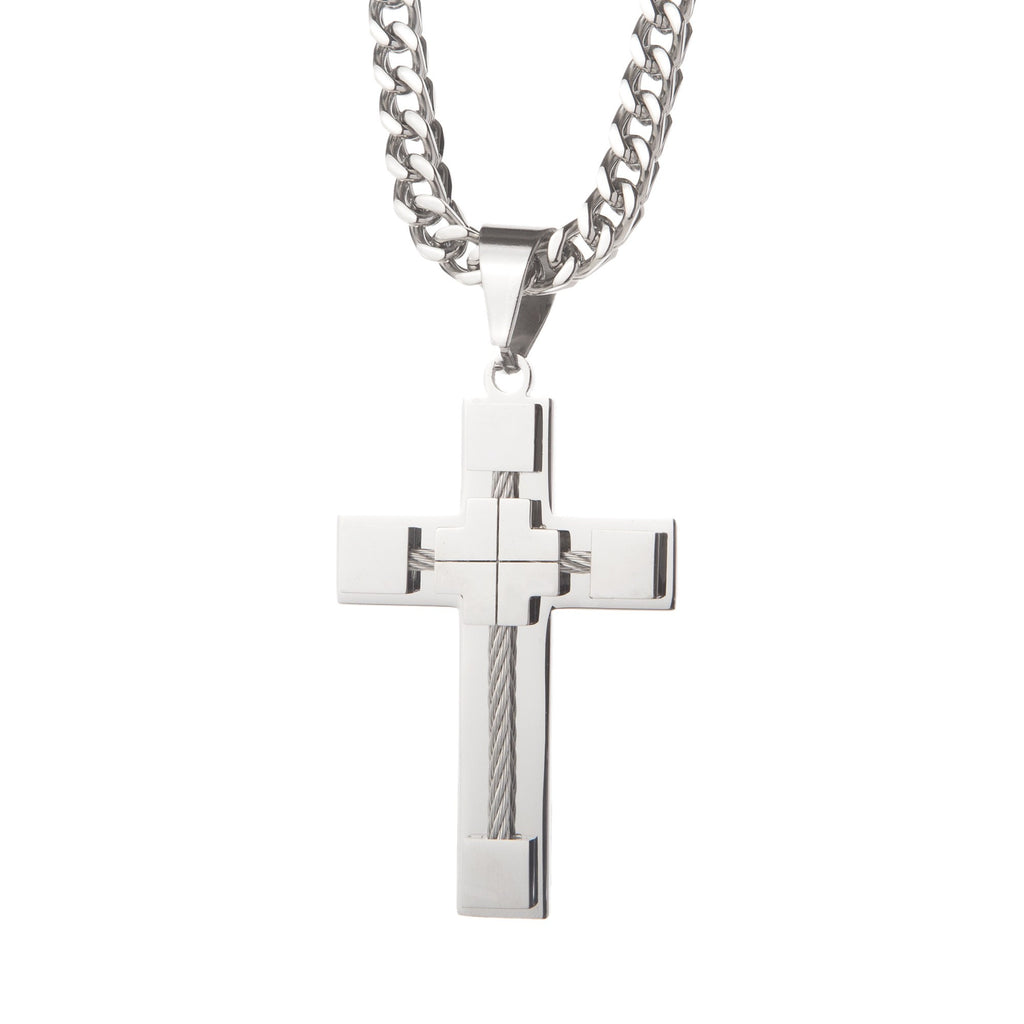 MEN's Stainless Steel 6mm Silver Cable Cross Pendant With Franco Chain , Necklace, SpicyIce - 2