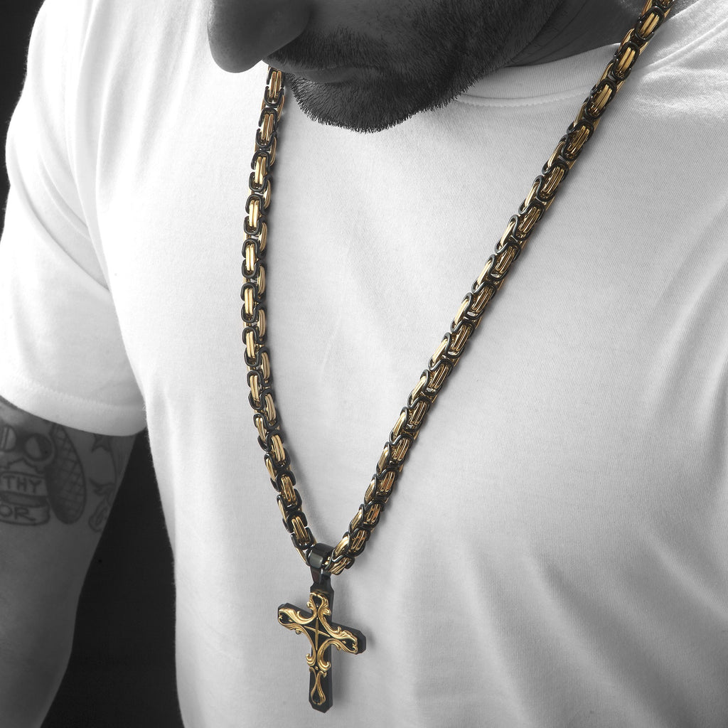 Mens HEAVY Stainless Steel Black & Gold Cross Necklace , Necklace, SpicyIce - 1