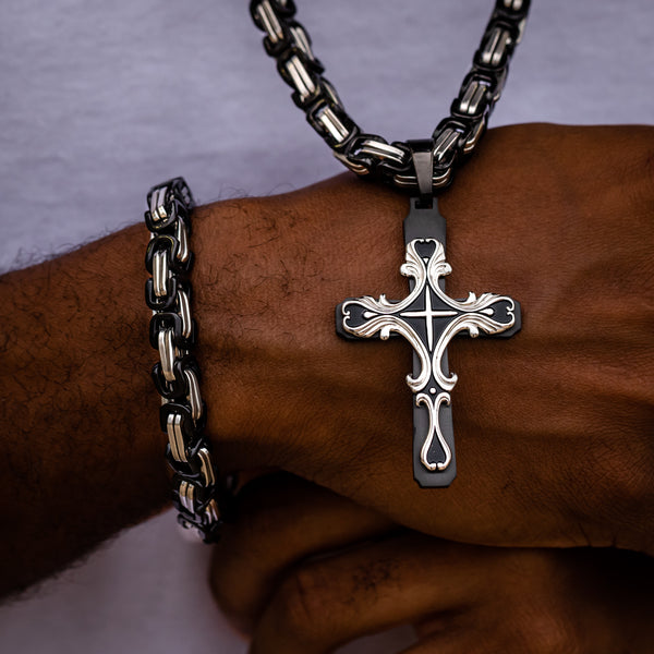 Stainless Steel Black Silver Byzantine Chain Necklace Cross