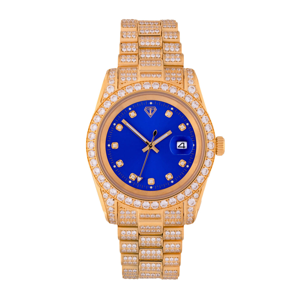 Gold Boss Blue Dial CZ Watch