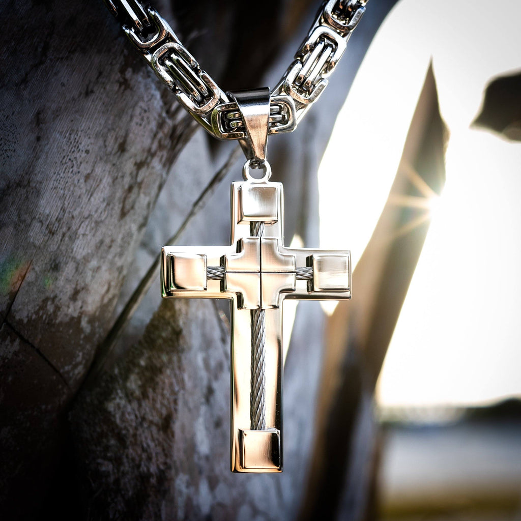 Necklace - Stainless Steel Silver Cable Cross Pendant