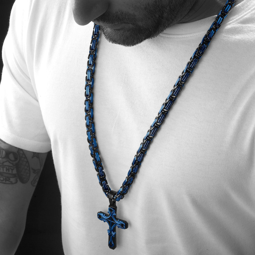 Necklace - Black & BLUE Tribal Cross Pendant