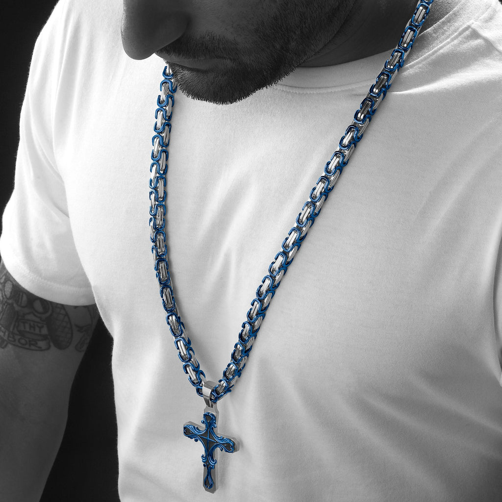 Necklace - Silver & BLUE Tribal Cross Pendant