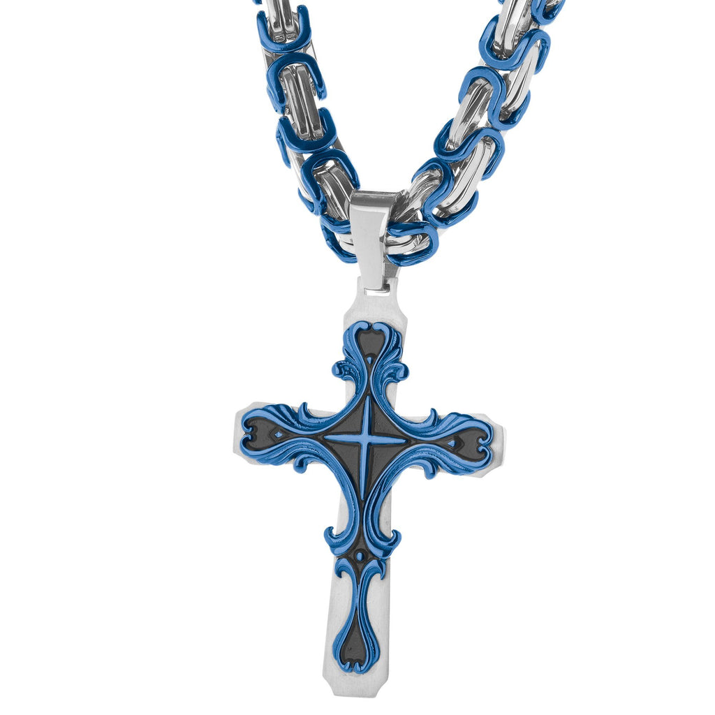 Necklace - Silver & BLUE Tribal Cross Pendant