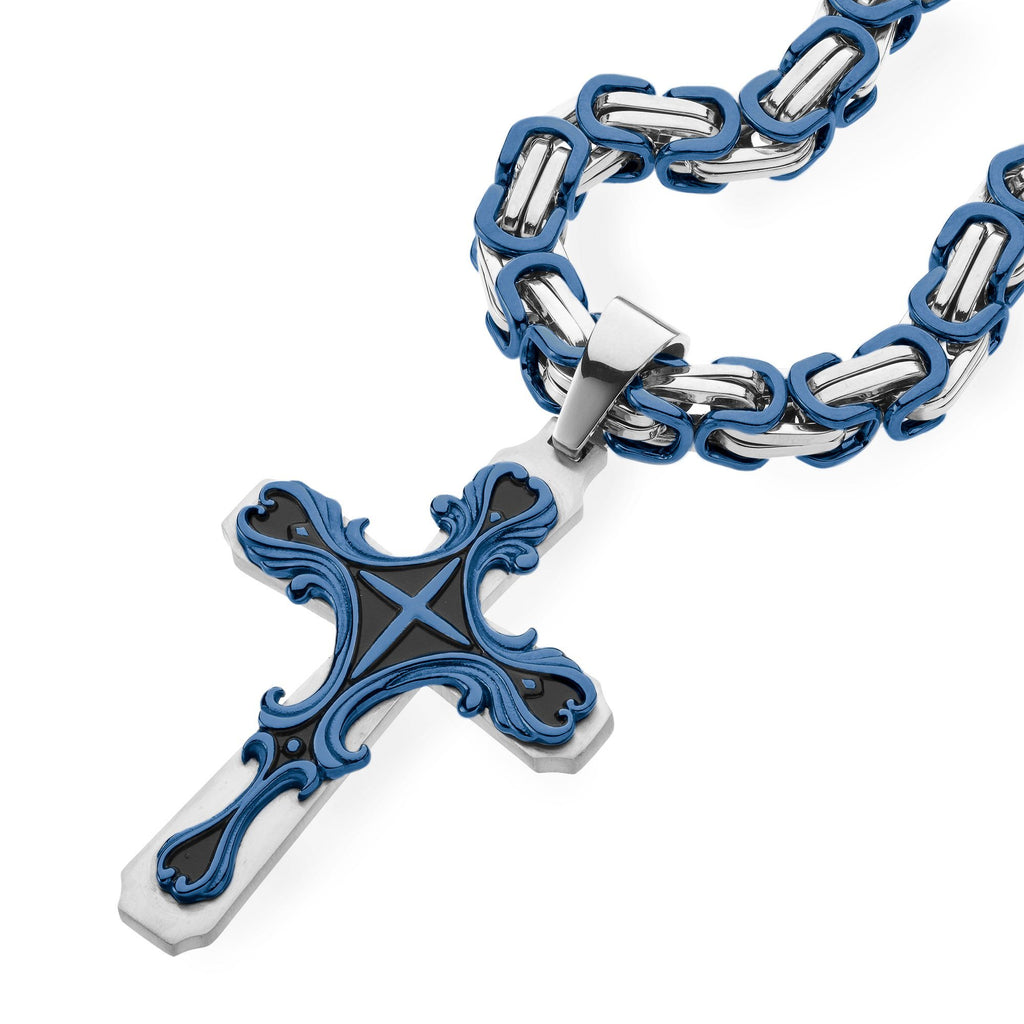 Necklace - Silver & BLUE Tribal Cross Pendant