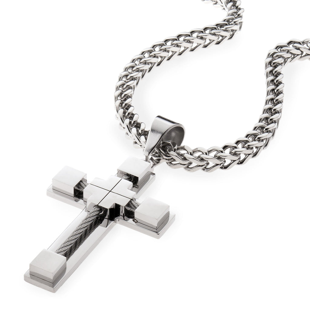 MEN's Stainless Steel 6mm Silver Cable Cross Pendant With Franco Chain , Necklace, SpicyIce - 1