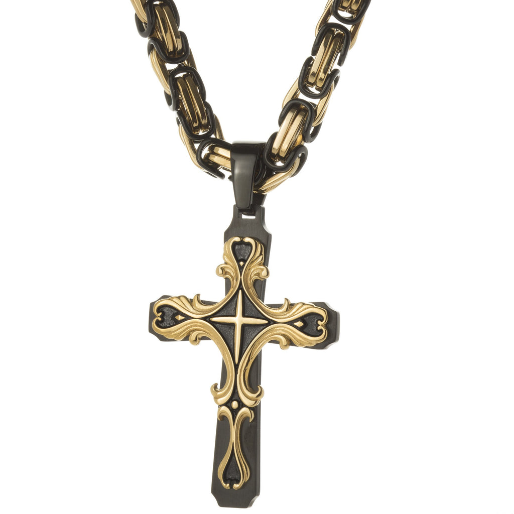 Mens HEAVY Stainless Steel Black & Gold Cross Necklace , Necklace, SpicyIce - 2