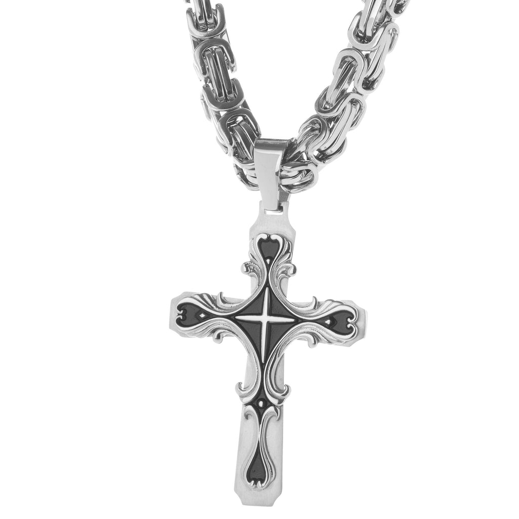 Necklace - Silver Stainless Steel Tribal Cross Pendant